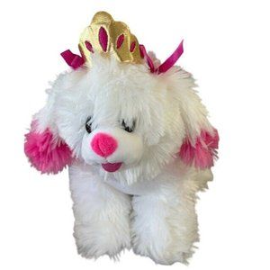 Fun Stuff White Dog 10" Standing Plush Princess Crown Tiara Pink Highlights Bows